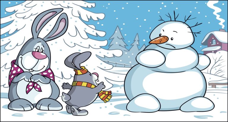 Ilustracja: zajączki lepiące bałwana zimą