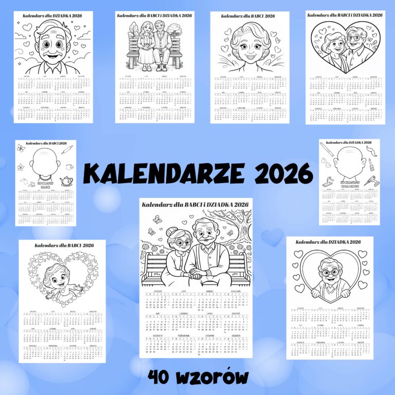 Plansza „Kalendarze 2026 — 40 wzorów" z miniaturami kalendarzy do kolorowania