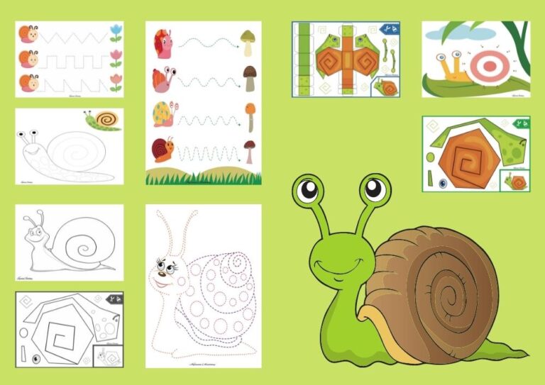 Zestaw kart pracy o ślimaku — kolorowanki, rysowanie po śladzie i budowa ślimaka