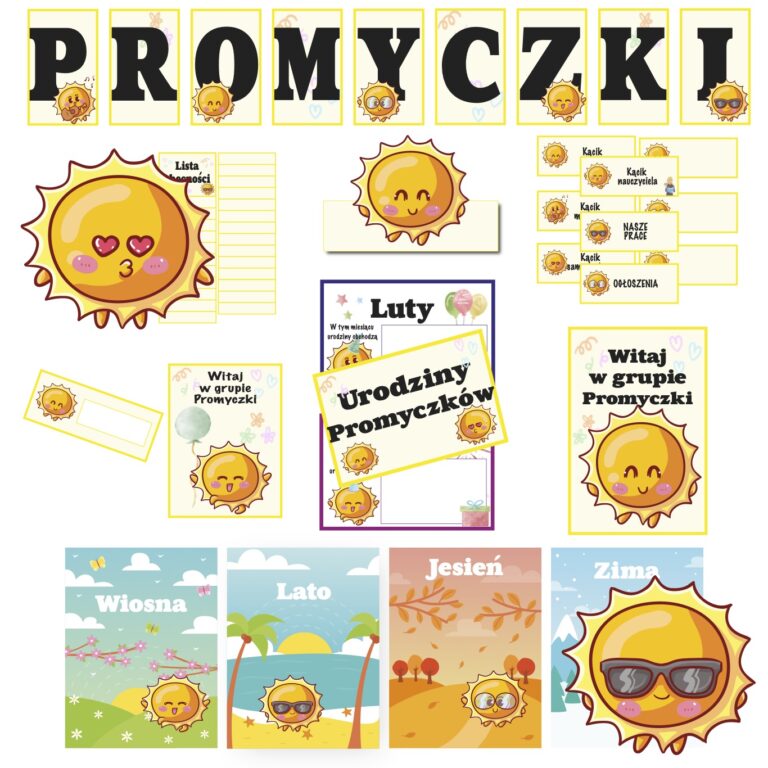 Pakiet grupowy Promyczki — napis na gazetkę, etykiety i karty pór roku ze słoneczkami