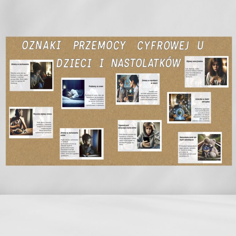 Gazetka „Oznaki przemocy cyfrowej u dzieci i nastolatków" na tablicy korkowej