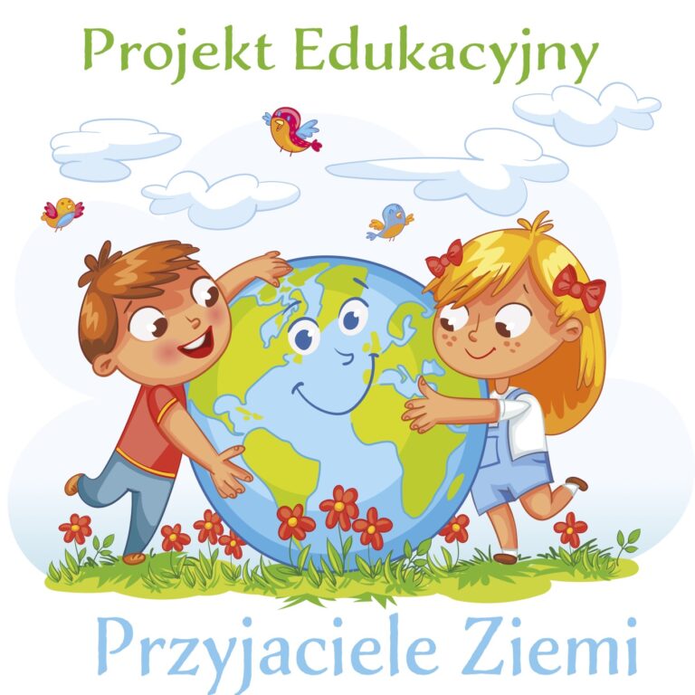 Grafika projektu edukacyjnego „Przyjaciele Ziemi" z dziećmi obejmującymi kulę ziemską