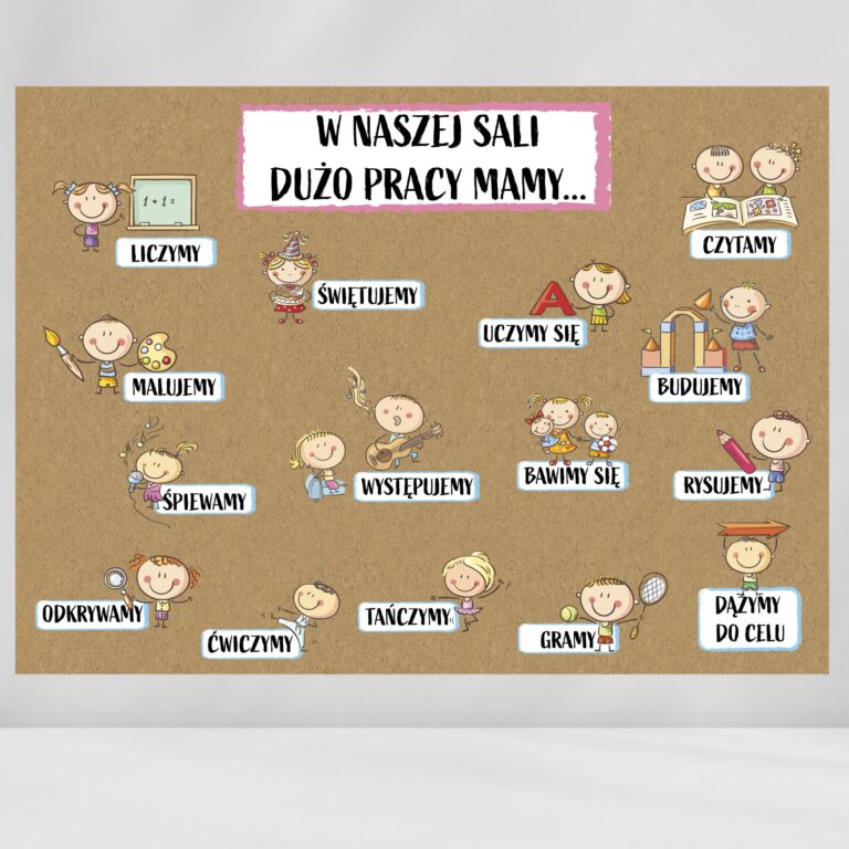 Gazetka „W naszej sali dużo pracy mamy..." z czasownikami zapisanymi na kartkach
