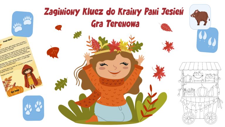 Grafika gry terenowej „Zagubiony Klucz do Krainy Pani Jesieni" z ilustracją dziewczynki w wianku z liści