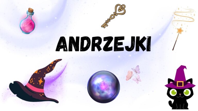 Grafika „Andrzejki" z kapeluszem czarownicy, szklaną kulą i czarnym kotem