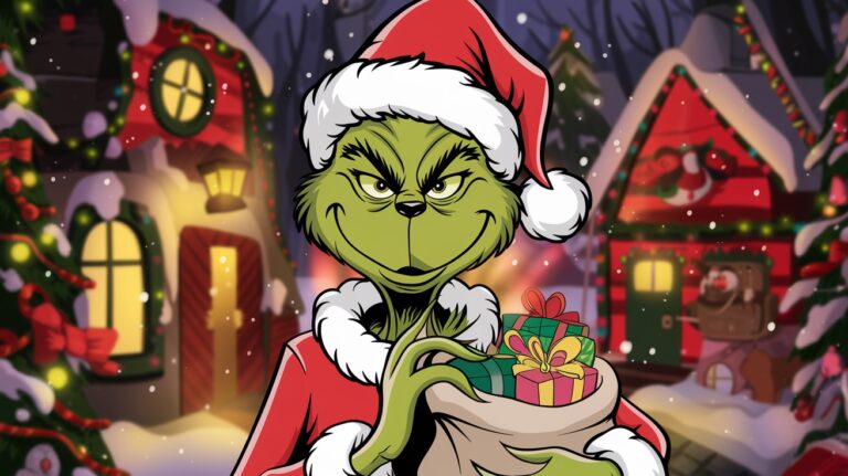 Ilustracja Grincha z workiem prezentów przed świątecznymi domkami