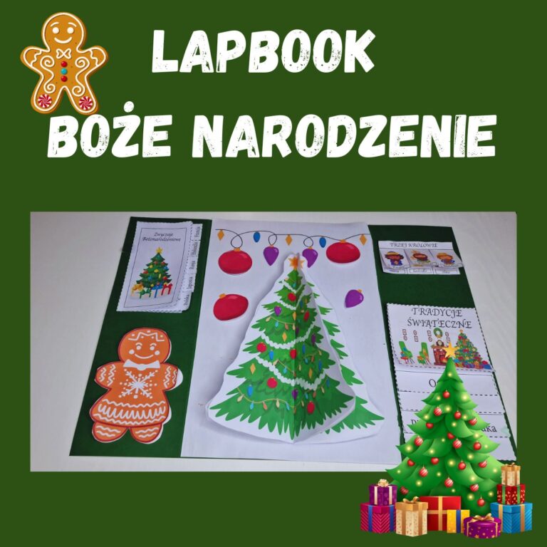 Lapbook Boże Narodzenie — rozłożone karty z choinką i piernikiem