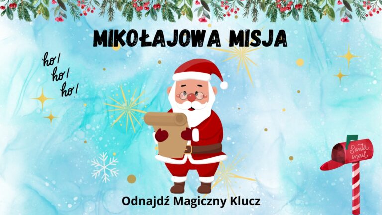 Grafika „Mikołajowa Misja — Odnajdź Magiczny Klucz" z ilustracją Mikołaja i skrzynki na listy