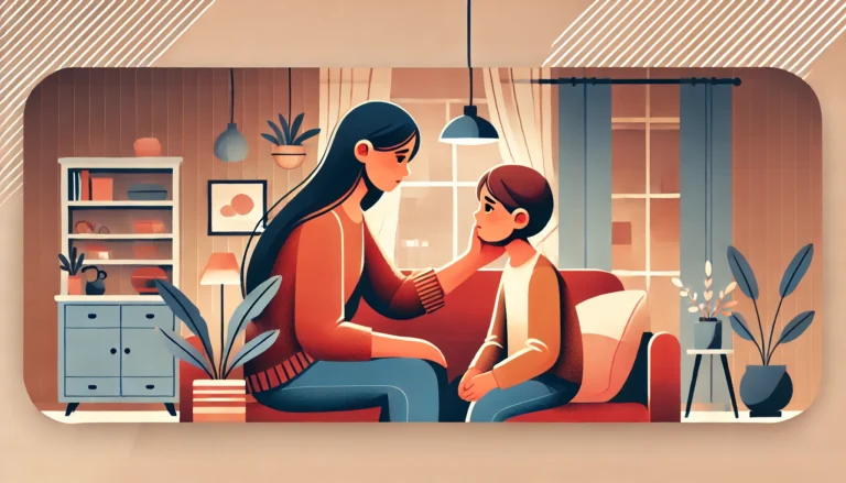 Ilustracja: mama rozmawiająca z dzieckiem w domowym pokoju