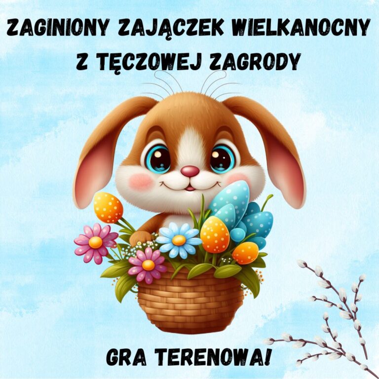 Grafika gry terenowej „Zgubiony zajączek wielkanocny" z ilustracją królika w koszyku z pisankami