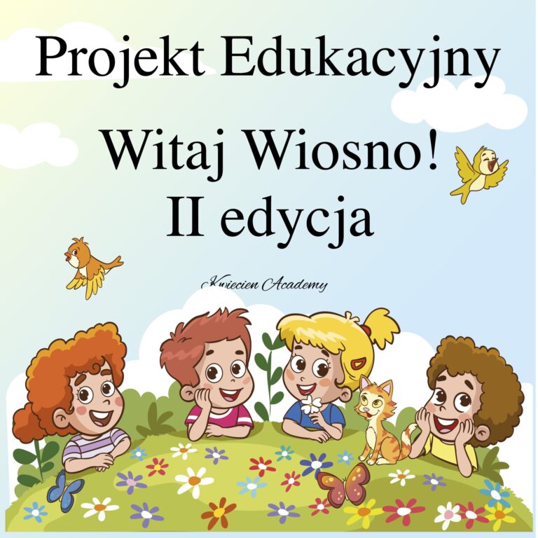 Grafika projektu edukacyjnego „Witaj Wiosno! II edycja" z ilustracją dzieci wśród kwiatów