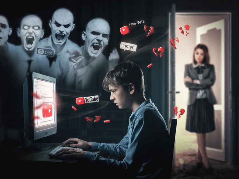Nastolatek przy komputerze w ciemnym pokoju, otoczony symbolami manosfery i internetowymi wpływami.