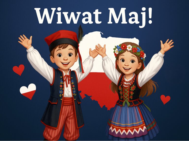 Grafika „Wiwat Maj!" z parą dzieci w strojach ludowych i flagą Polski