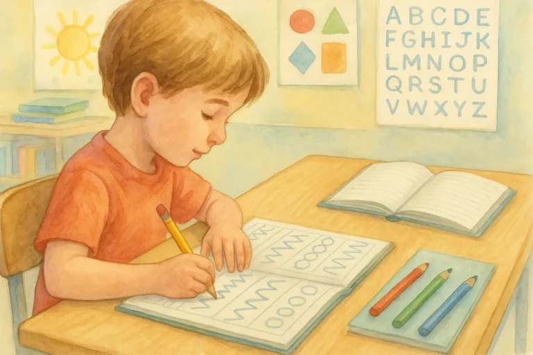 Sześcioletnie dziecko rysuje szlaczki literopodobne w zeszycie ćwiczeń, siedząc przy szkolnej ławce. W tle plakaty edukacyjne, kredki i zeszyty. Ilustracja akwarelowa.