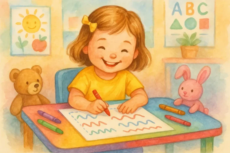 Czteroletnia dziewczynka rysuje szlaczki przy kolorowym stoliku w przedszkolu, otoczona kredkami, pluszakami i dekoracjami edukacyjnymi. Styl akwarelowy. | Szlaczki do druku 4 latki