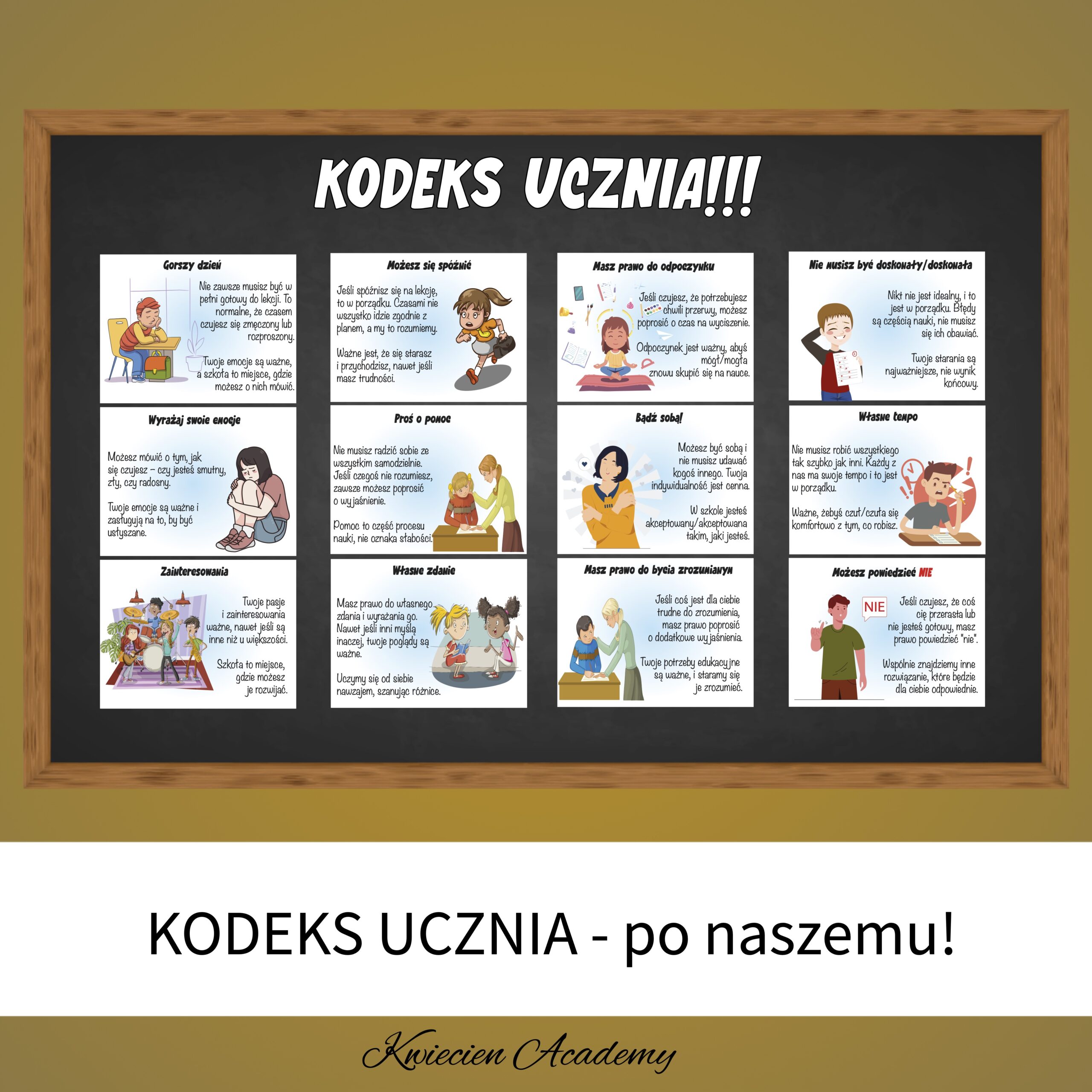 Plansze z zasadami klasowymi powieszone na ścianie w sali lekcyjnej