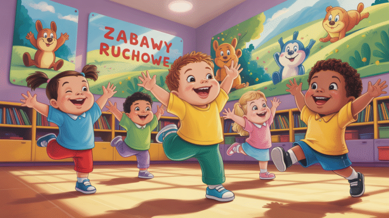 Grafika „Zabawy ruchowe" — ilustracja tańczących dzieci w sali