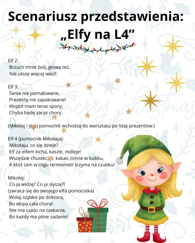 Scenariusz przedstawienia „Elfy na L4" — tekst z ilustracją elfa z prezentem