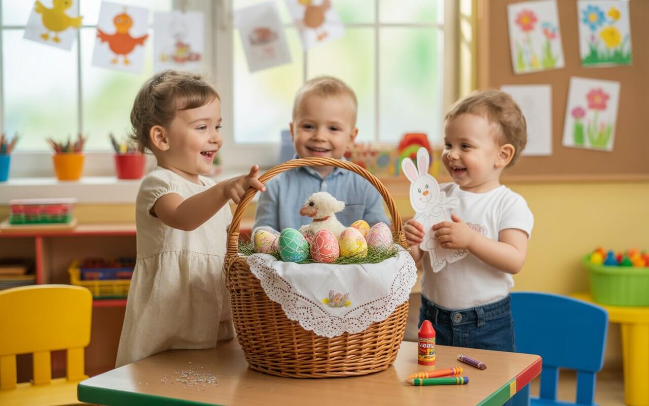 Koszyczek wielkanocny w przedszkolu – uśmiechnięte dzieci oglądają wiklinowy koszyczek z pisankami i barankiem