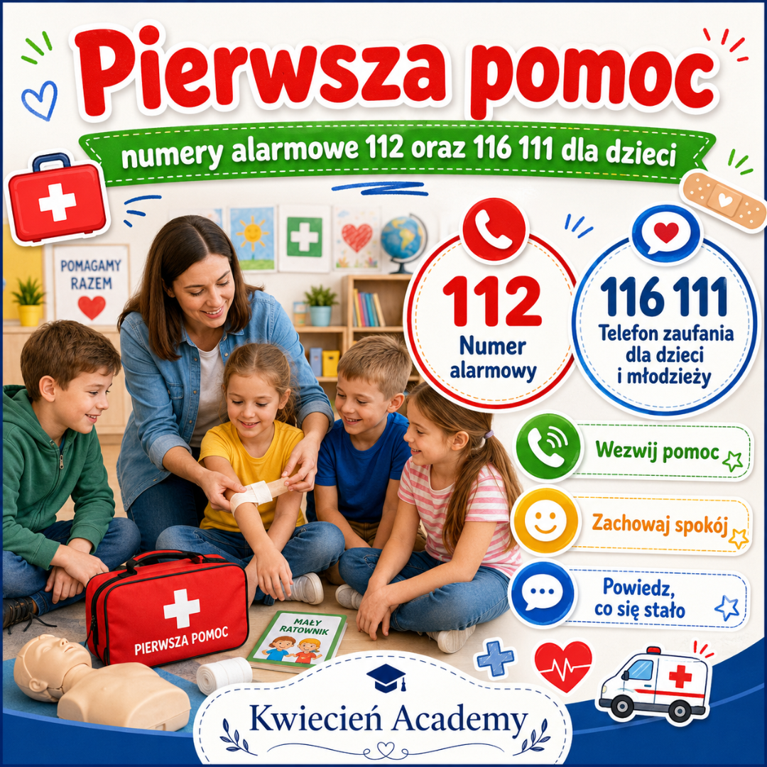 Pierwsza pomoc i numery alarmowe 112 oraz 116 111 dla dzieci