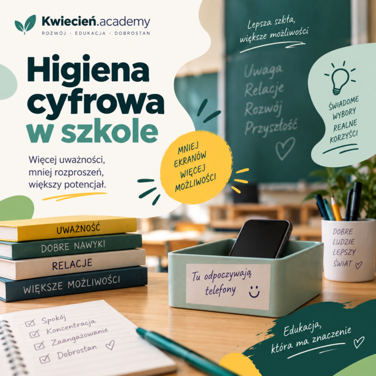 Grafika „Higiena cyfrowa w szkole" ze zdjęciem pudełka na telefony i notatnika