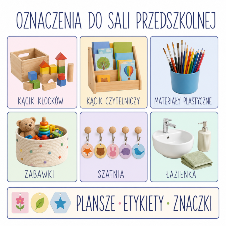 Plansza „Oznaczenia do sali przedszkolnej" — etykiety kącików: klocki, czytelniczy, plastyczne, zabawki, szatnia, łazienka