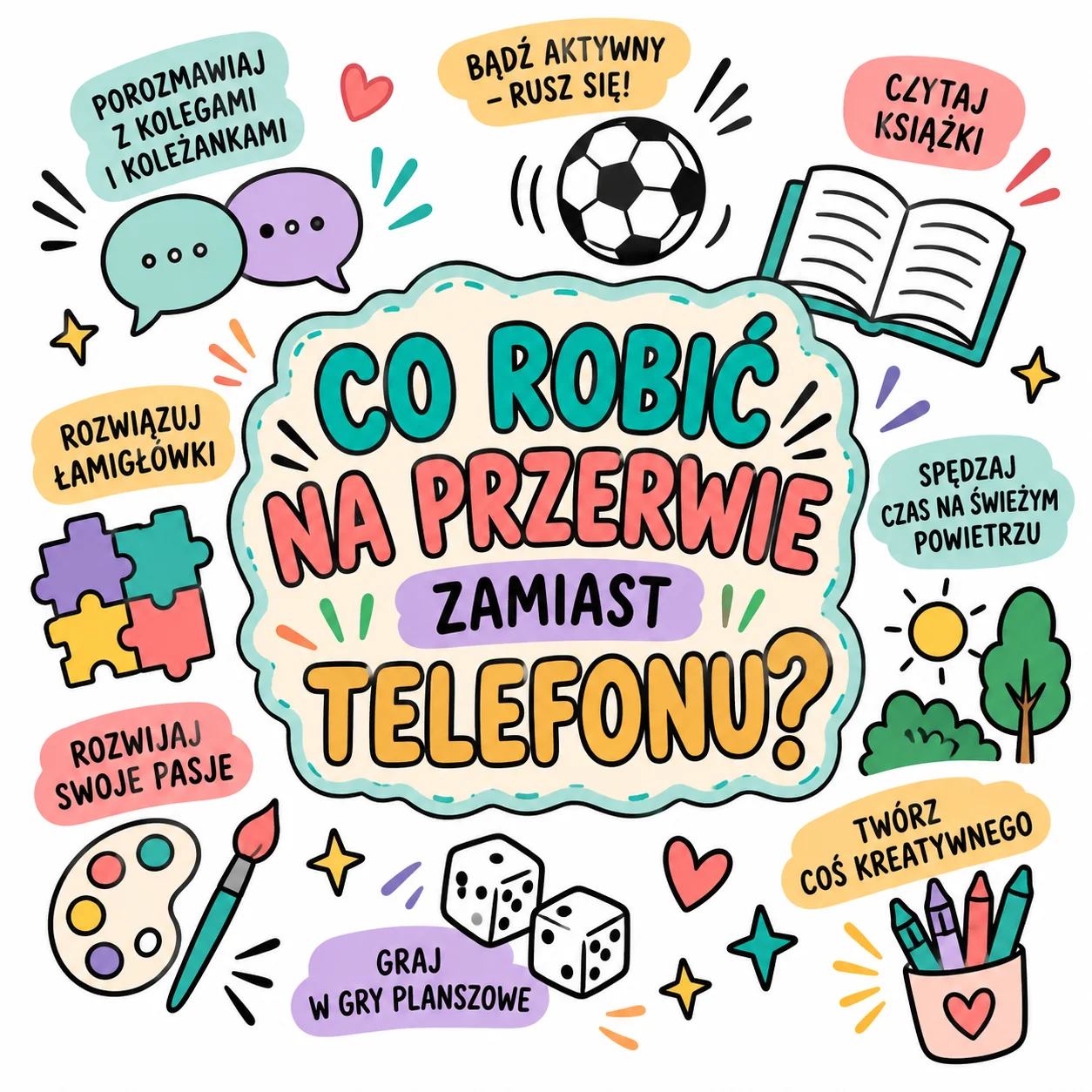 Co robić na przerwie zamiast telefonu – 15 pomysłów na aktywną przerwę w szkole dla klas 1–8, grafika Kwiecień Academy