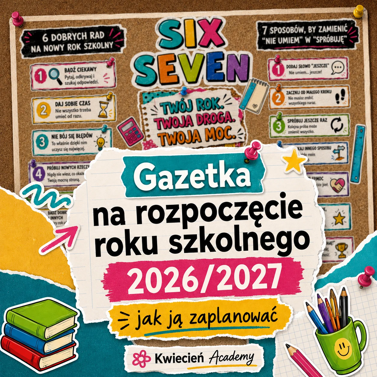 Gazetka na rozpoczęcie roku szkolnego 2026/2027 – jak zaplanować tablicę szkolną na korytarz, grafika Kwiecień Academy