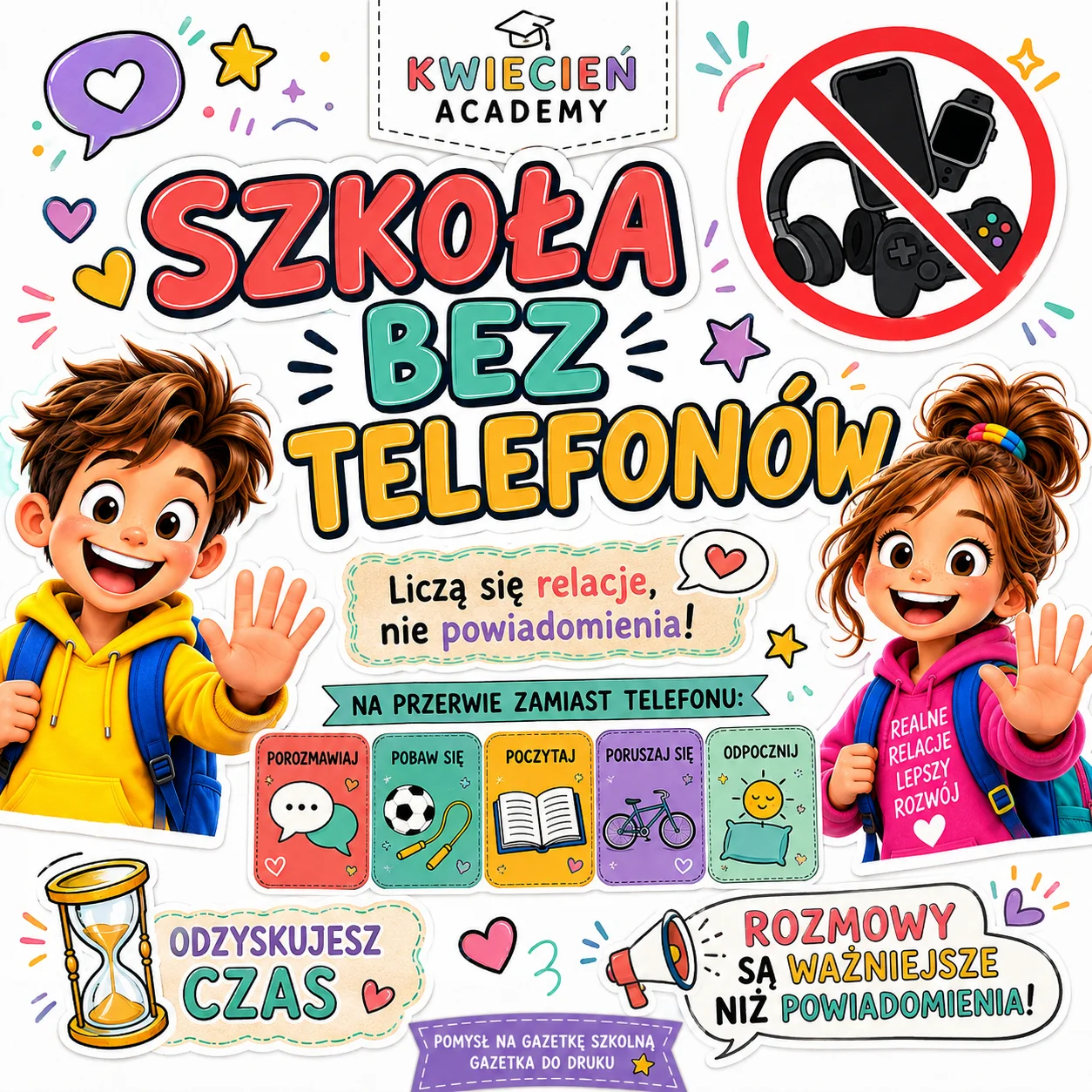 Gazetka szkolna „Szkoła bez telefonów” – jak zrobić tablicę o zakazie telefonów, żeby działała, grafika Kwiecień Academy
