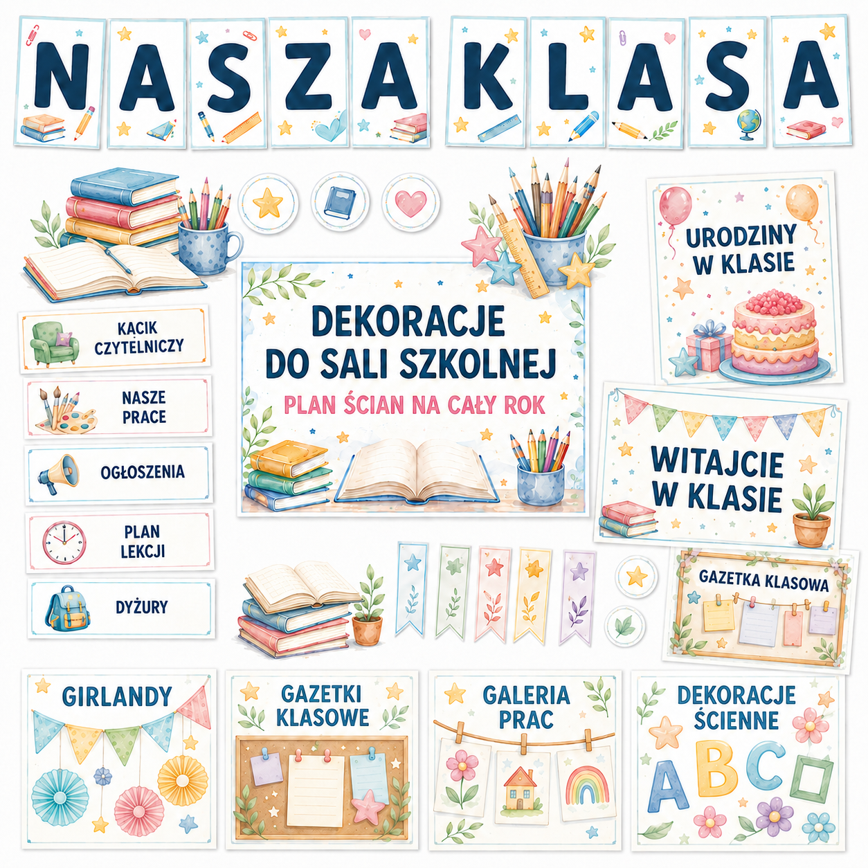 Dekoracje do sali szkolnej — plan ścian na cały rok
