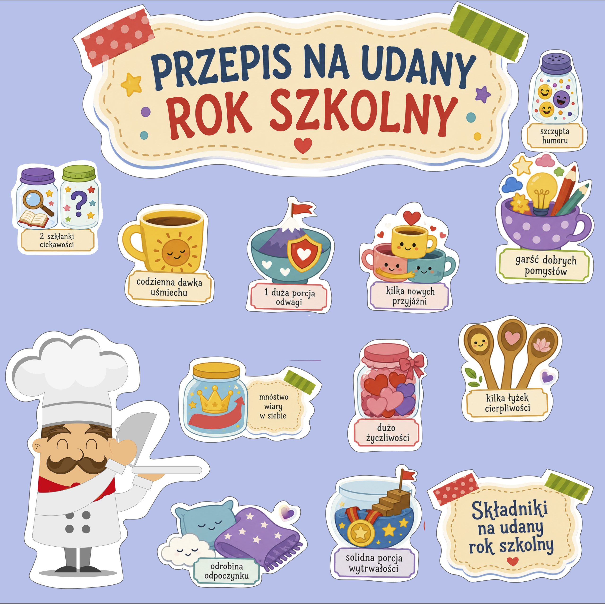 Przepis na udany rok szkolny — gazetka szkolna i dekoracja na rozpoczęcie roku do druku