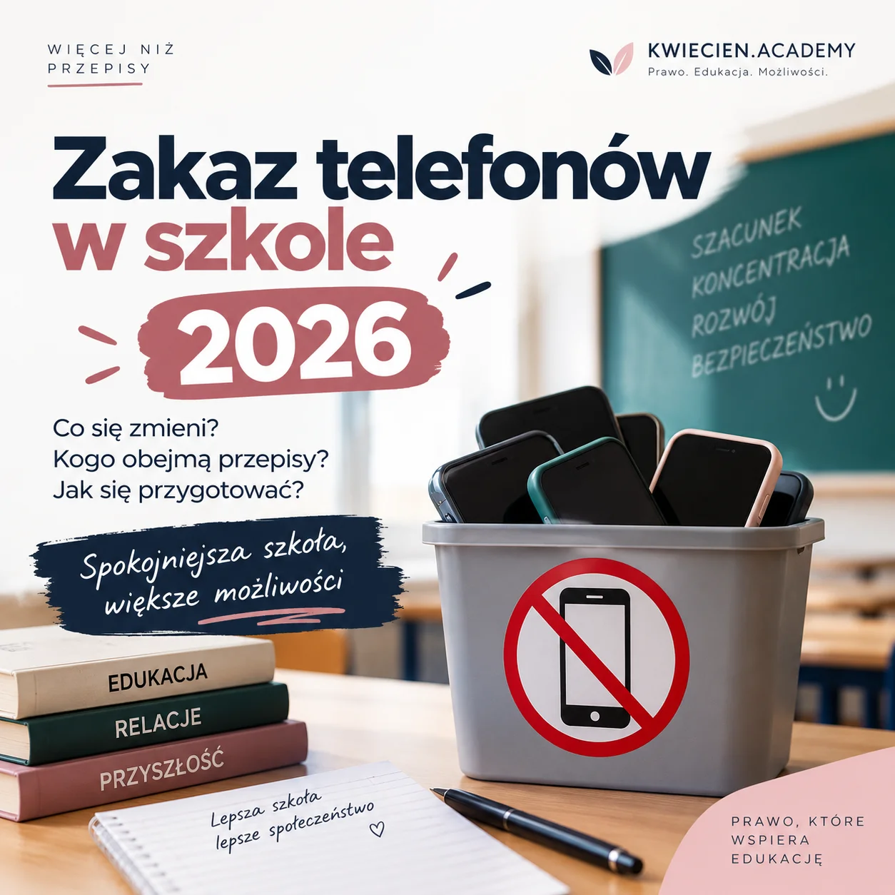 Zakaz telefonów w szkole od 1 września 2026 – przepisy, statut i dokumenty dla placówki, grafika Kwiecień Academy