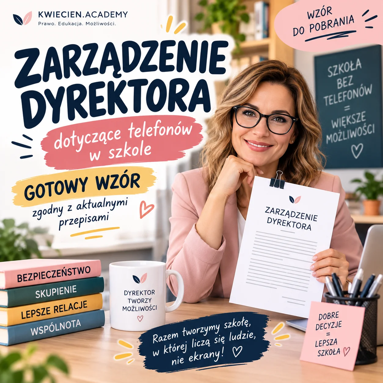 Zarządzenie dyrektora w sprawie telefonów – wzór, co musi zawierać i czego nie może uregulować zamiast statutu, grafika Kwiecień Academy