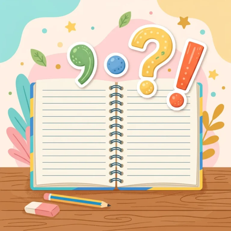 Ćwiczenia z interpunkcji dla klas 7-8 — ilustracja: zeszyt i znaki interpunkcyjne