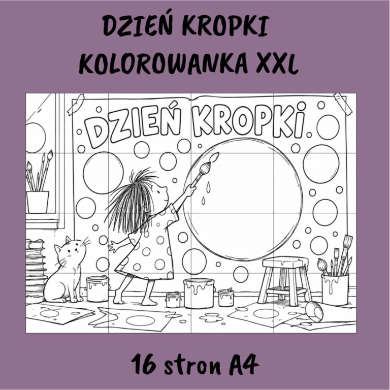 Kolorowanka XXL na Dzień Kropki – 16 stron A4 do sklejenia w jeden duży plakat, Kwiecień Academy