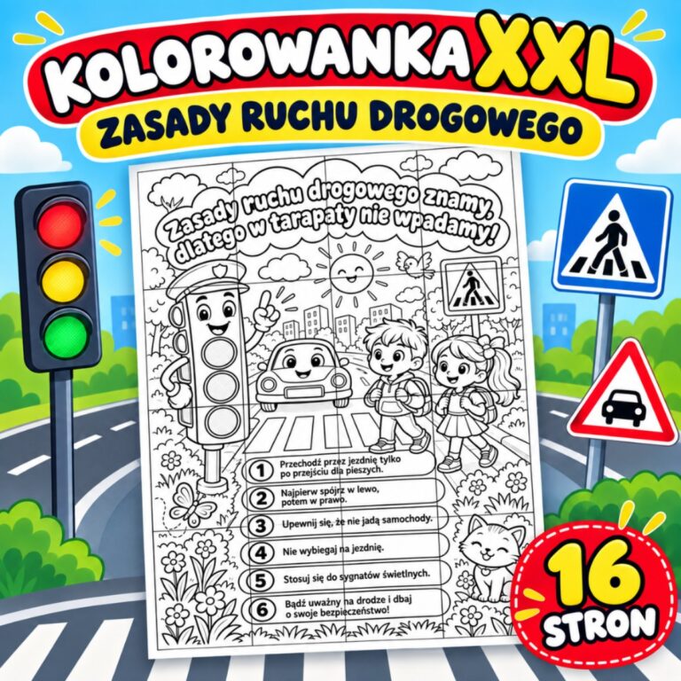 Kolorowanka XXL Zasady ruchu drogowego do druku – 16 stron A4, przejście dla pieszych, sygnalizator i sześć zasad bezpieczeństwa