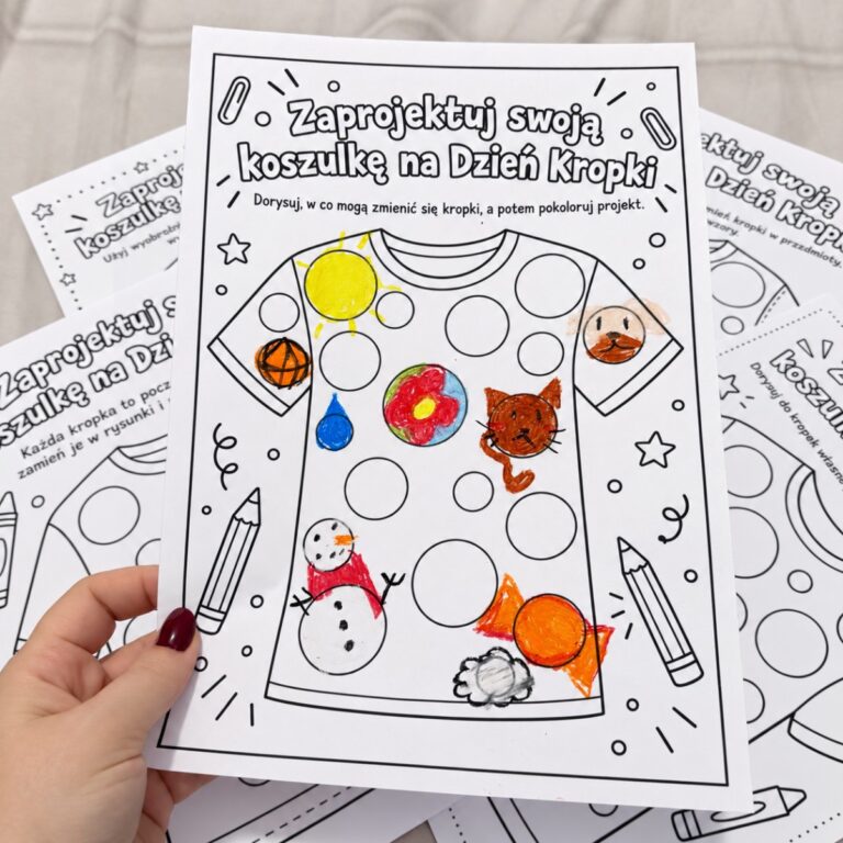 Zaprojektuj koszulkę na Dzień Kropki – karty pracy z wzorami koszulek w kropki, materiał do druku PDF, Kwiecień Academy