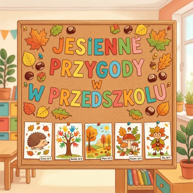 Napis jesien do druku - papierowe litery na tablicy, lisie i prace dzieci