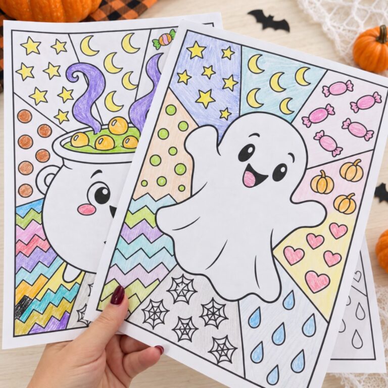 Prace plastyczne na Halloween – pokolorowany uśmiechnięty duszek i kociołek na tłach z gwiazdkami, księżycami i cukierkami
