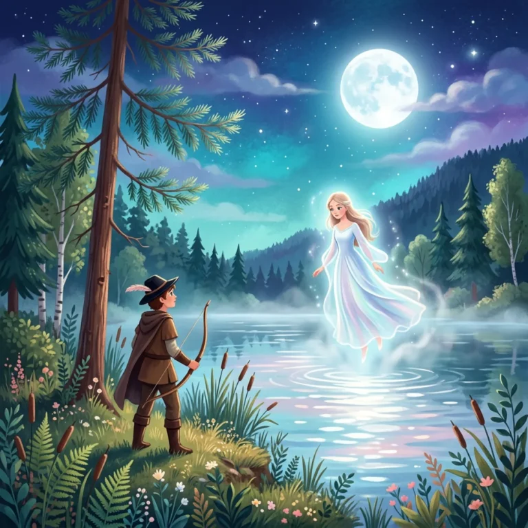 Świtezianka – ilustracja do ballady Adama Mickiewicza: nocne jezioro, postać wyłaniająca się z mgły i młody strzelec na brzegu
