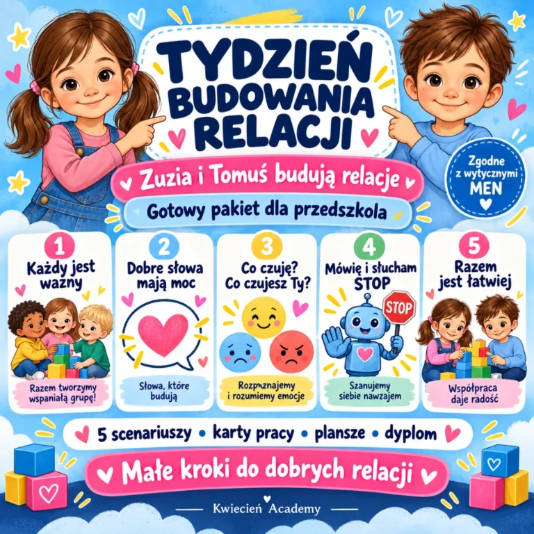 Tydzień Budowania Relacji w przedszkolu – Zuzia i Tomuś budują relacje, scenariusze i karty pracy