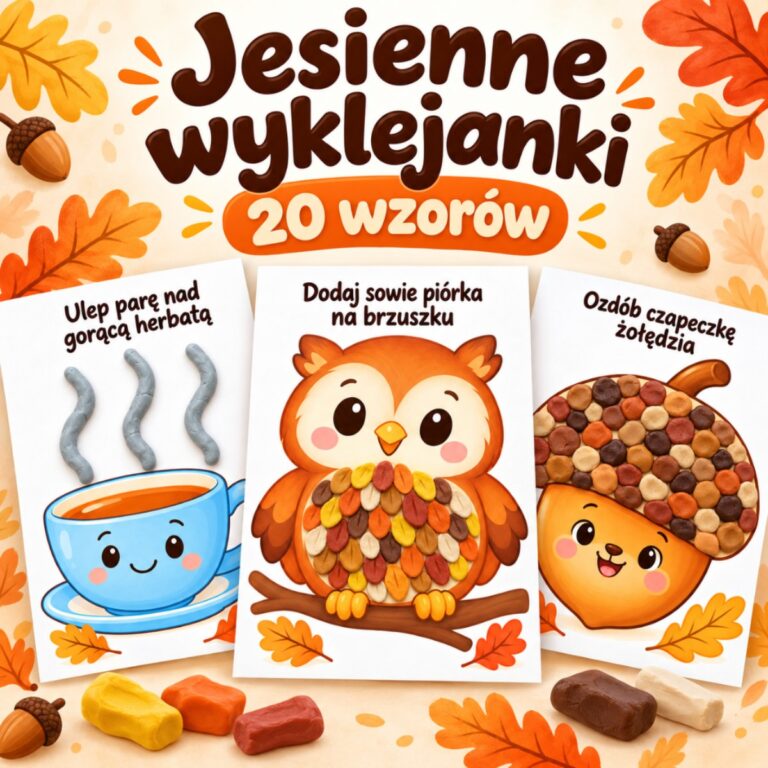 Jesienne wyklejanki z plasteliny – karty A4 z filiżanką herbaty, sówką i żołędziem do wypełniania plasteliną lub ciastoliną