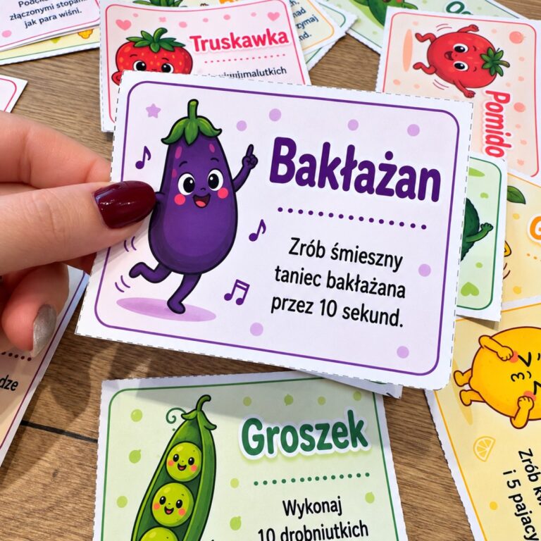 Warzywno-owocowa zabawa ruchowa – karty ruchowe do druku, Kwiecień Academy