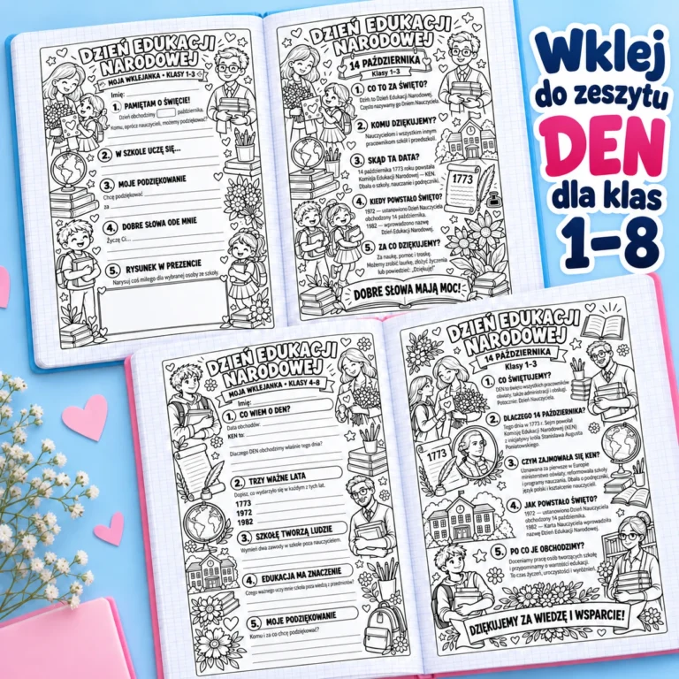Dzień Edukacji Narodowej – wklejanki do zeszytu dla klas 1–8, A4 i A5, PDF do druku