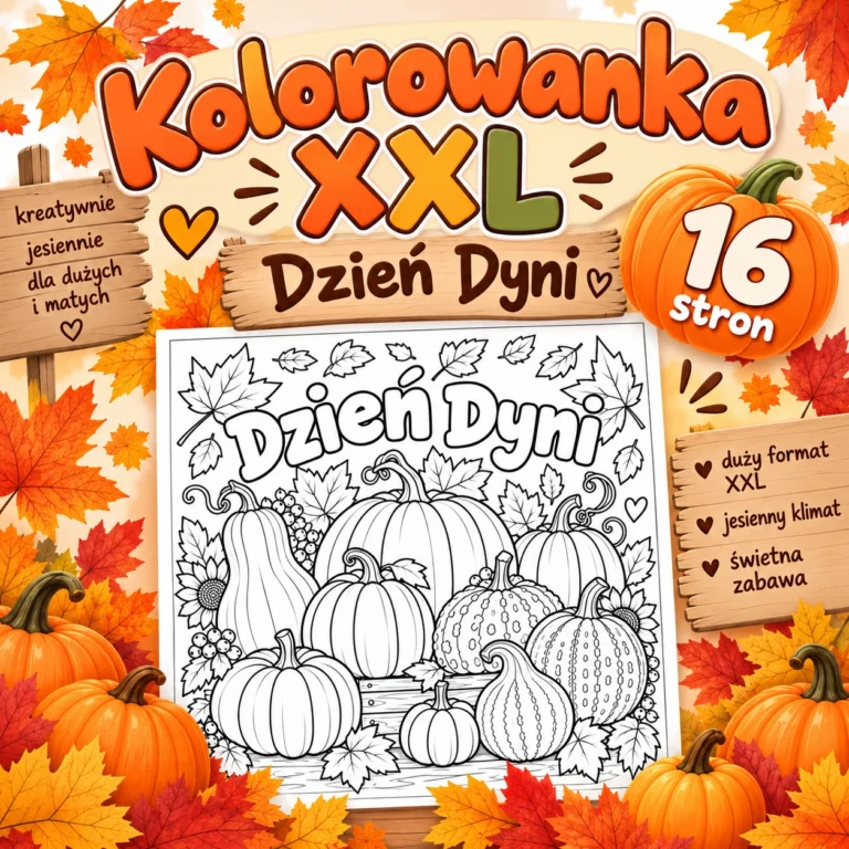 Kolorowanka XXL na Dzień Dyni – 16 stron A4 do połączenia w jeden plakat, PDF do druku